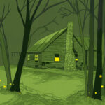 Shack at night with trees